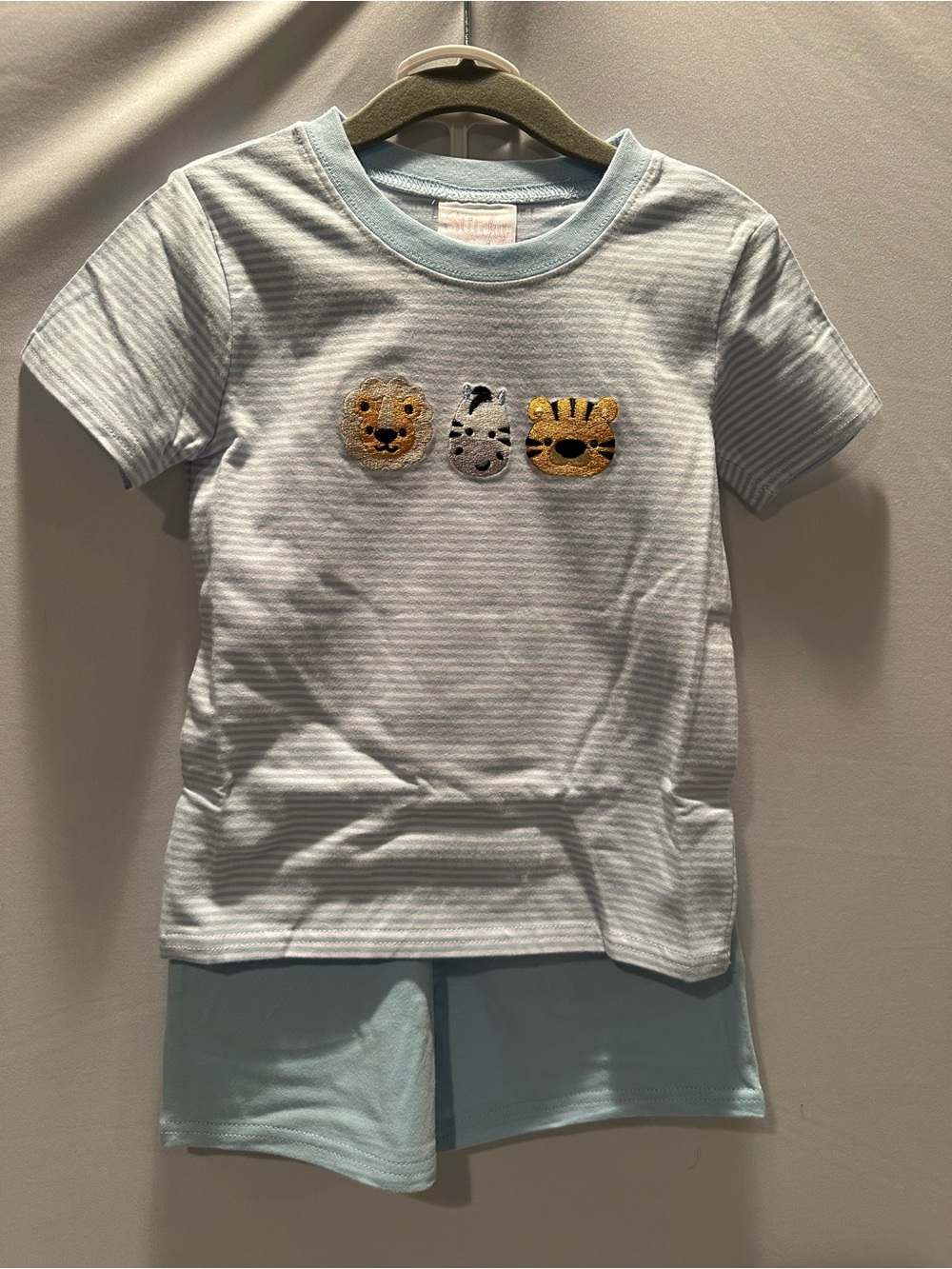 Kids Light Blue Striped Tee with Animal Patch & Matching Shorts